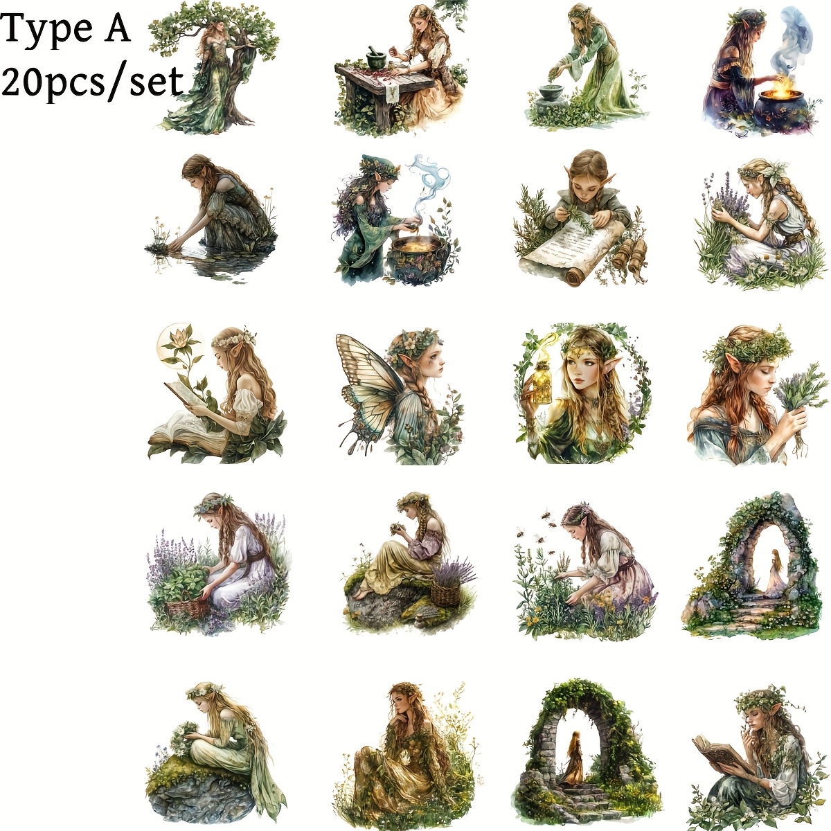 20pcs/set Handmade Creative Retro Forest Elf Princess Tale Series Stickers Suitable For Garbage Diary Notebook Decoration Manual Account Diy Cutting Book Stickers