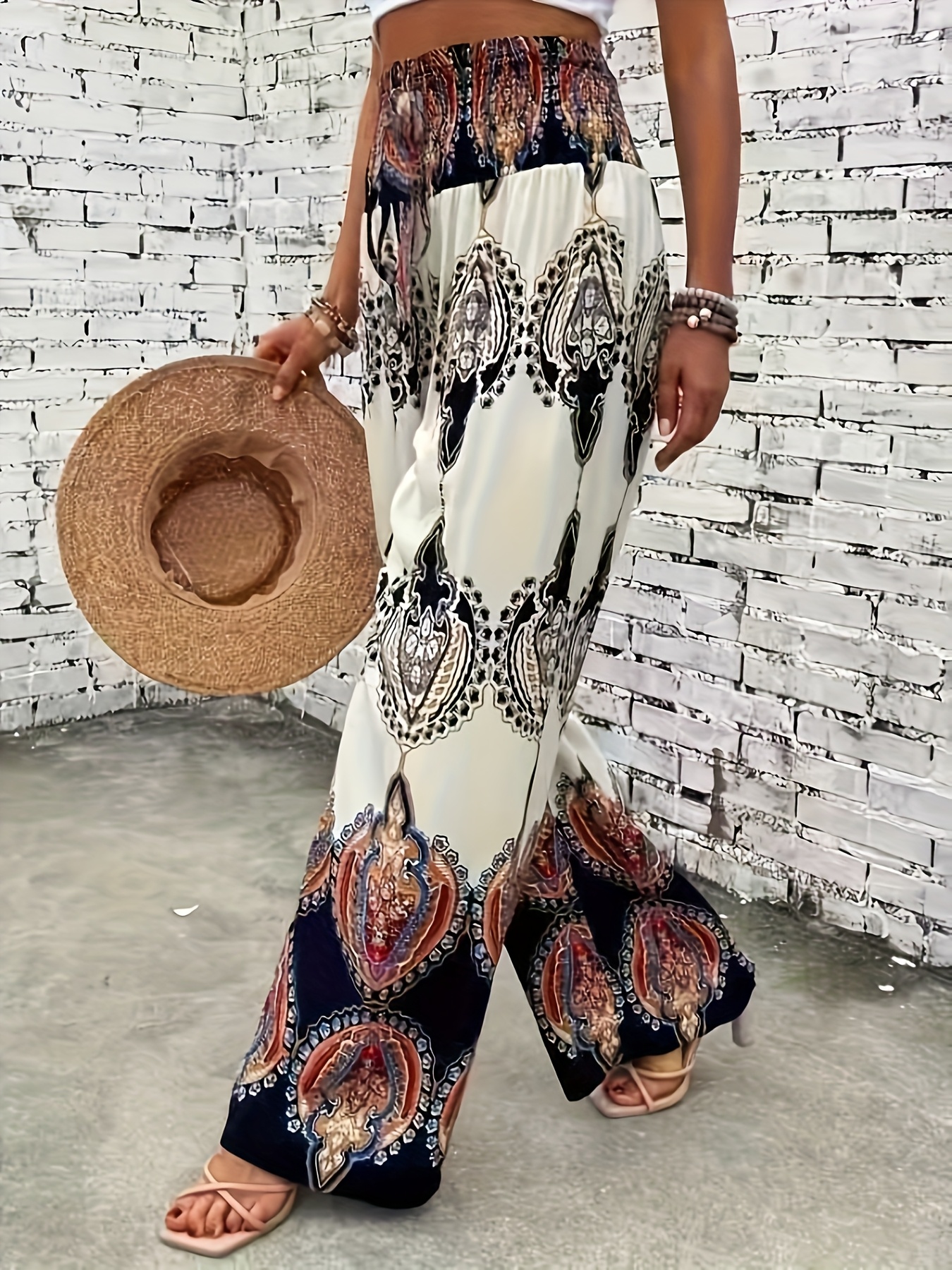 bohemian printed polyester palazzo track pants shirred waist