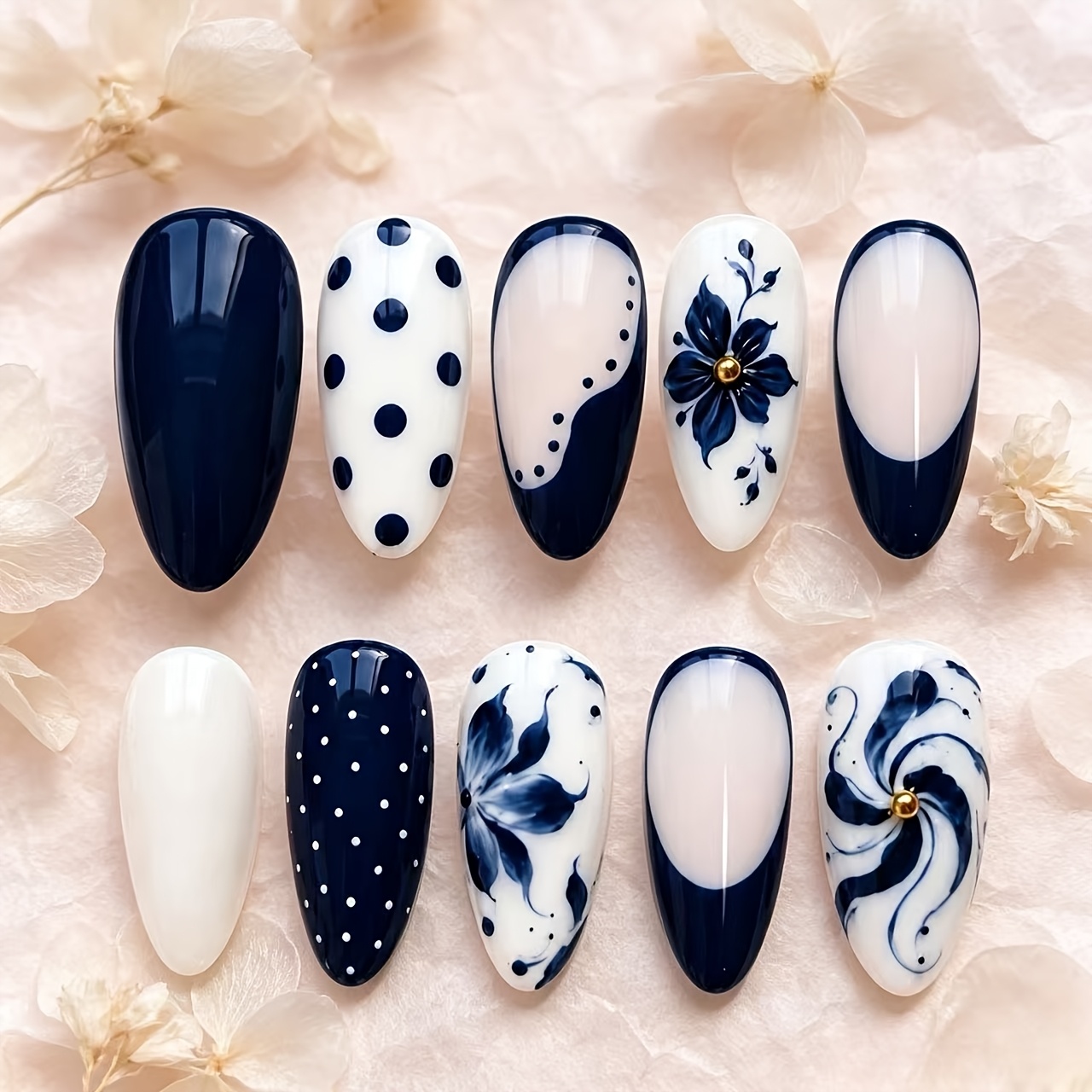 TEMU 10pcs Set Of Milky White And Navy Blue Contrast Floral Press-on Nails, Long Almond Shape, Polka Dot Smudged Swirl Floral Light Luxury Handmade