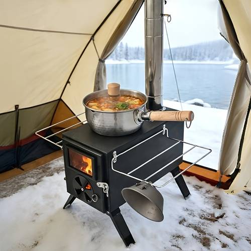 portable wood burning camp stove with chimney pipe front window outdoor firewood heater suitable for camping picnics cabins truck trips solid wood charcoal fuel heavy duty for backyard rv tent stoves