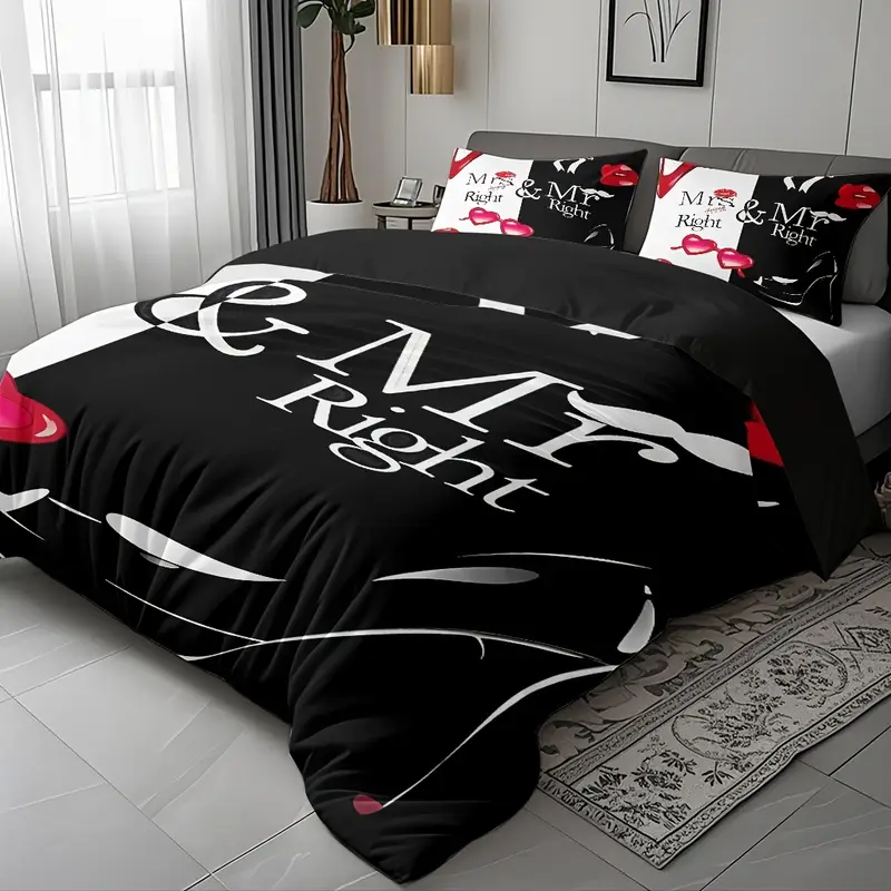 3pcs comfortable romantic couple themed duvet cover set soft high definition with black and white contrast perfect gift for machine washable 1 duvet cover 2 pillowcases no filling Product details 3
