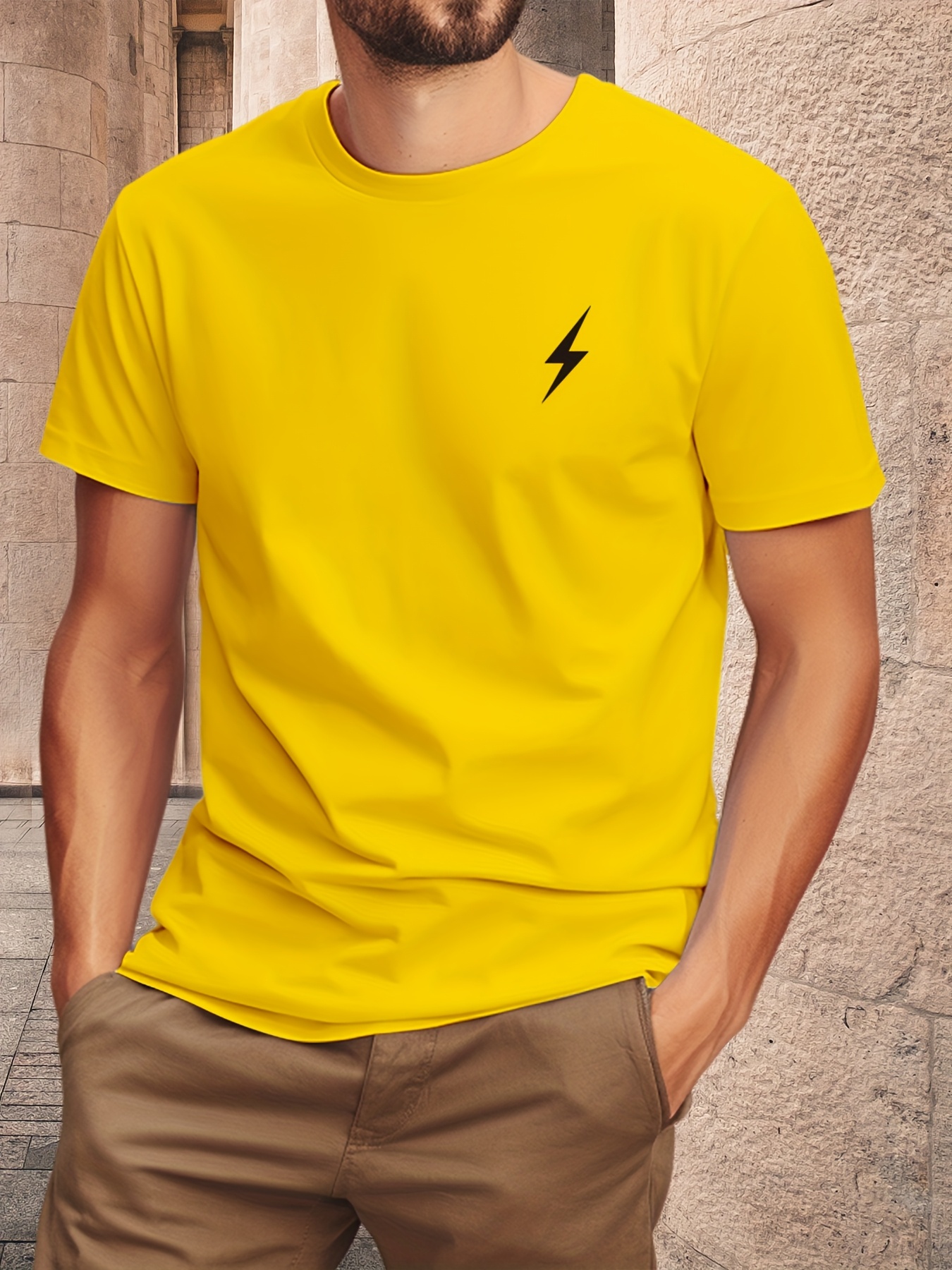 Men'S Lightning Bolt Graphic Print T-Shirt - Cotton Short Sleeve Tee, Green with Black Lightning Bolt Design, Casual Crew Neck, Regular Fit for Casual Attire, Everyday Tshirt | Graphic Tee | Cotton Shir