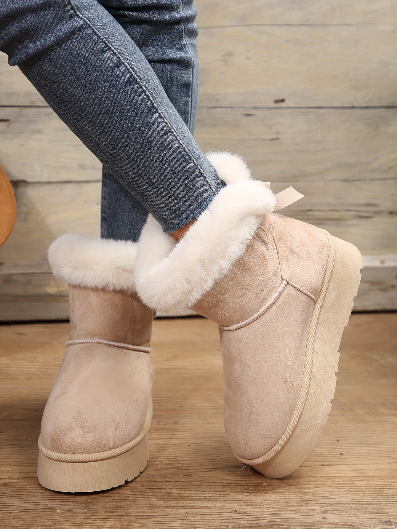 Moderne og søte, varme støvler med tykk såle for kvinner, med * sløyfebånd,  perfekte for høst og vinter. Enkle å ta på og av, midt-leggstøvler i ..., image size:800x1066