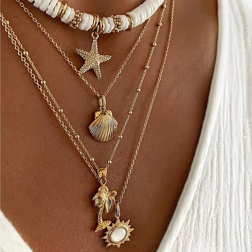 E-shop Böhmische Vintage Kokosnussbaum Sonne Muschel Seestern Anhänger Mehrschichtige Stapelbare Halskette Geeignet für Damen Herbst Winter
