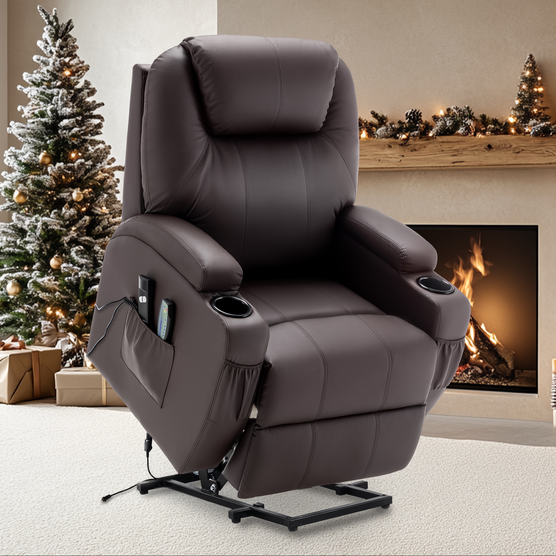 

Leather Recliner Chair For Elderly And Adults, Electric Recliner With Massage And Heating, Recliner Chair With Remote Control And Cup Holder