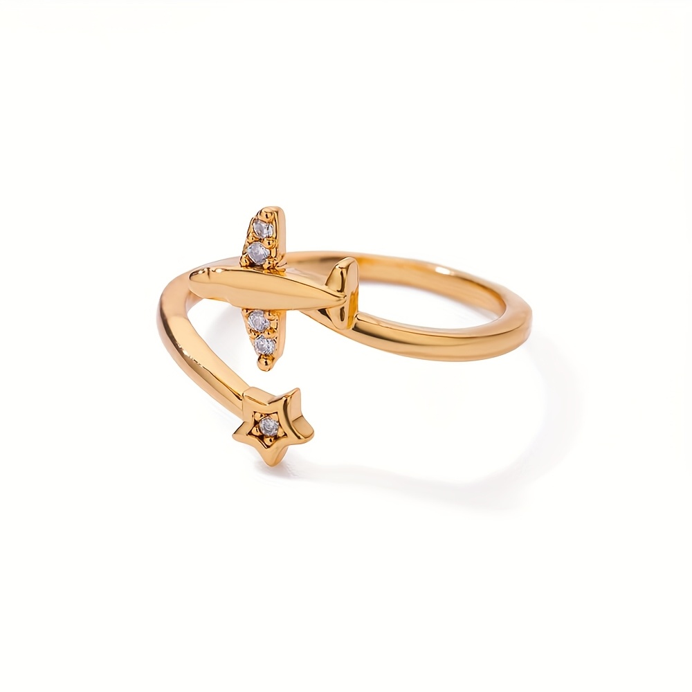 TEMU 1pc Elegant And Personalized Golden Copper Zirconia Airplane Star Opening Ring, Suitable For Holiday And Daily Decoration, Perfect For Ladies'