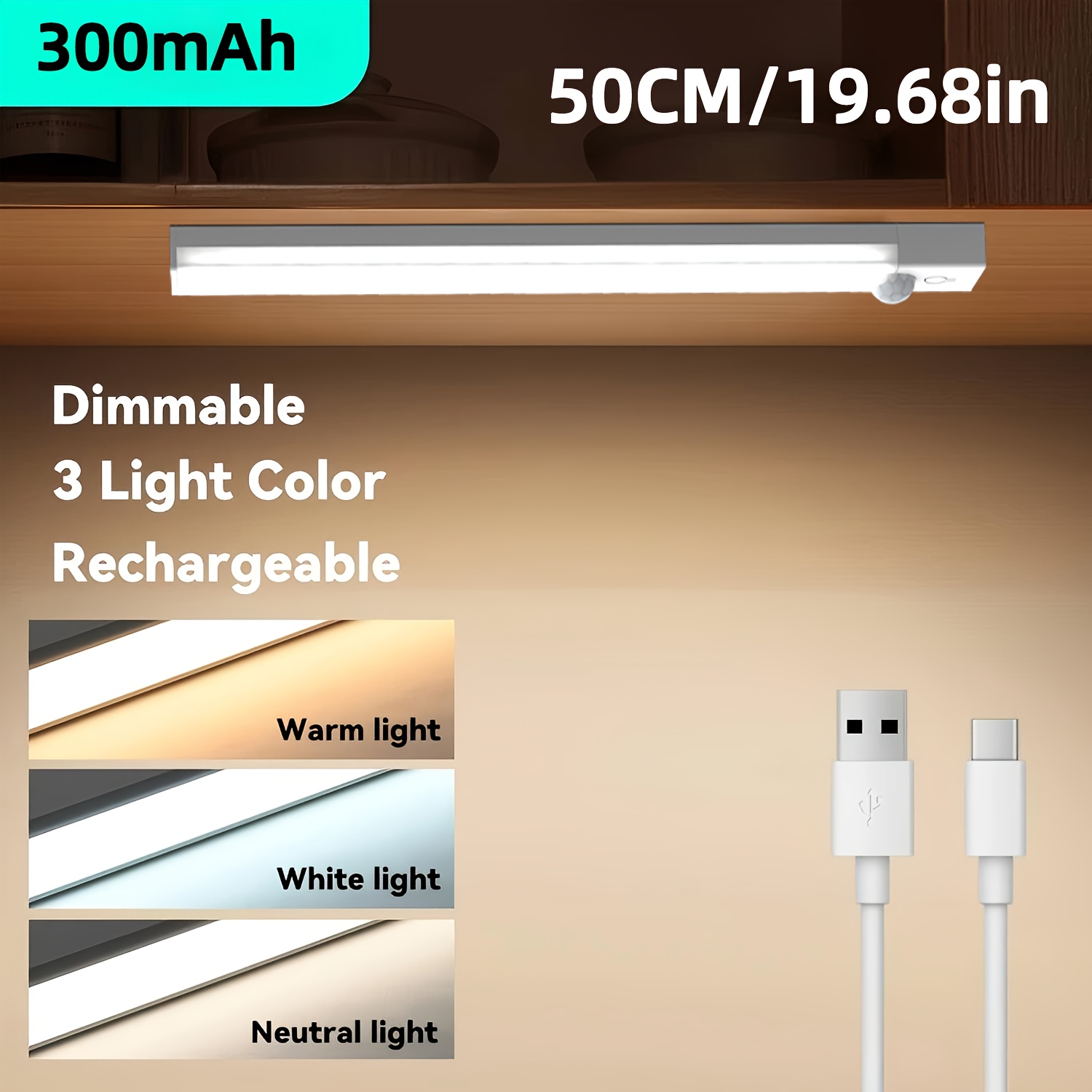 /19.68in Under-unit Light, Usb Rechargeable Dimmable Cabinet Light - Motion Sensor, Led Sensor Light, Night Light For Kitchen, Bathroom, Bedroom, For Stage Lighting, Music Stand Lighting