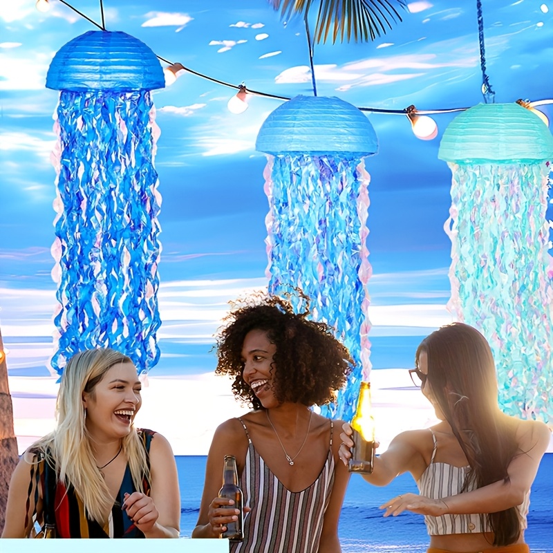 6 Blaue Quallen-Laternen Zum Aufhängen - Deko Für Unterwasser-Party, Meerjungfrau Geburtstag & Ozean Thema