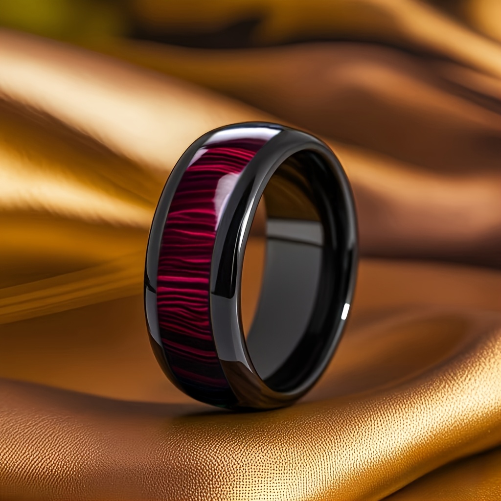 E-shop Modischer 8mm Herren Ring aus schwarzem 304 Edelstahl mit rotem Kow-Holz Einfassung, Ehering Schmuck Geschenk, Ideal für Valentinstag &