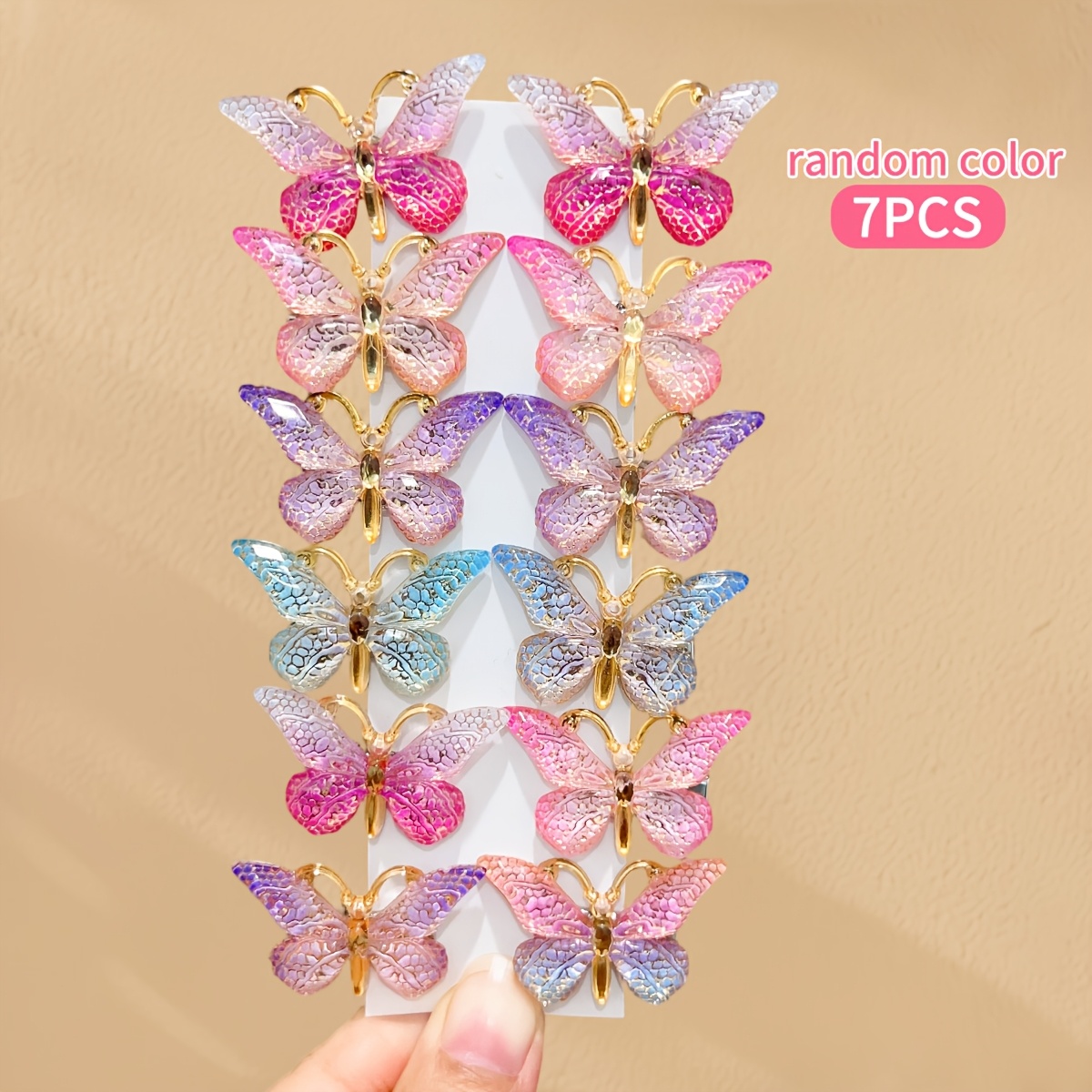 E-shop 7-teiliges buntes schillerndes Haarschmuck-Set, süße niedliche Haarspangen mit Schmetterling im Farbverlauf, Sommer-Haarspangen, kleine