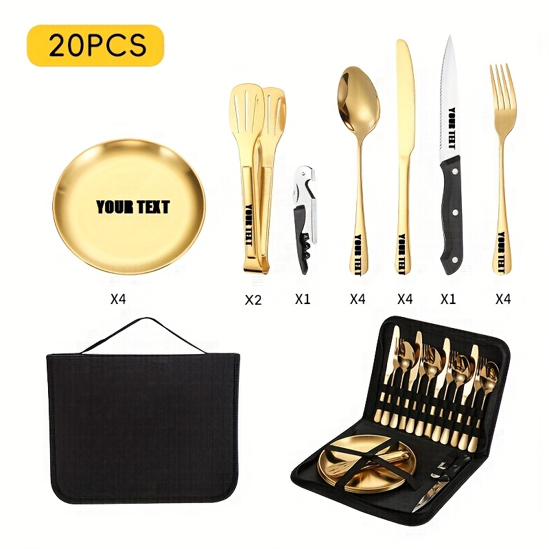 customize your text 11 20pcs golden silvery storage bag stainless steel cutlery set knife   clip bottle opener plate camping picnic barbecue outdoor cutlery camping picnic steak knife   set Product details 7