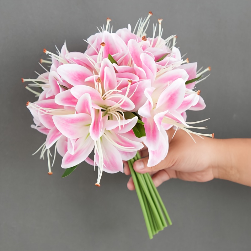 

20-head Artificial Lily Flower Bouquet - Fabric Faux Lilies For Reunions, High-end Luxury Silk Floral Decor, Handheld Wedding Flowers, Tabletop Arrangement Without Container