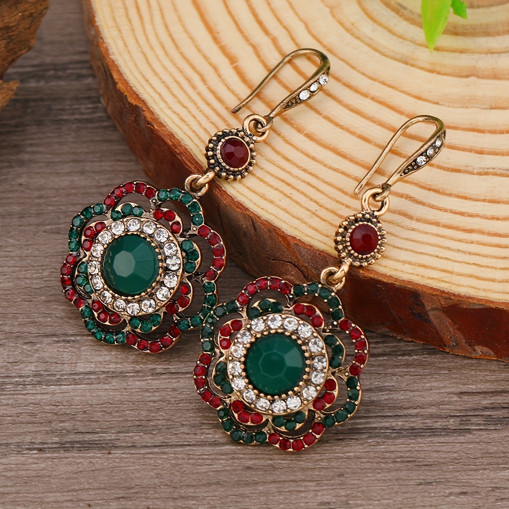 TEMU Women's Elegant Bohemian Drop Earrings - Floral Dangle Earrings With Teal Green, Golden-tone Settings For Everyday & Formal Events, Gift Jewelry - Party Office Accessories
