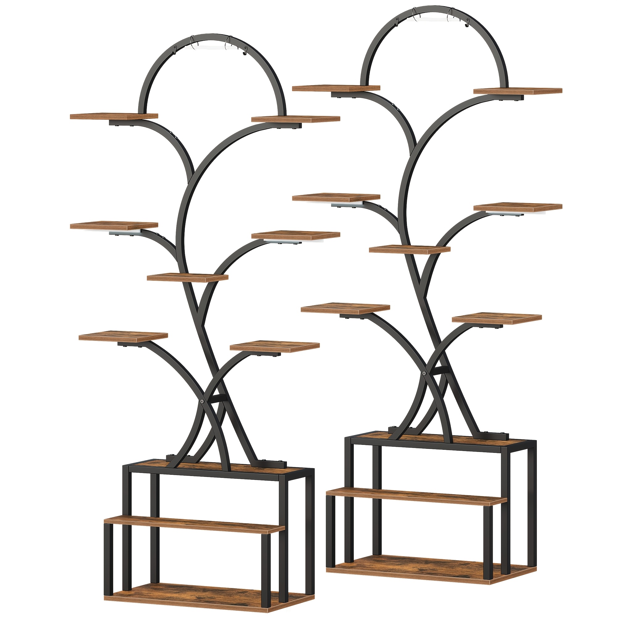 Image of Plant Stand With Grow Light, Metal And Wood Plant Shelf With 10 Tiers And 3 Leds, Suitable For Living Room, Indoor And Outdoor Use, Garden And Balcony, 168 Cm, (black, 2-pack), Utility Racks