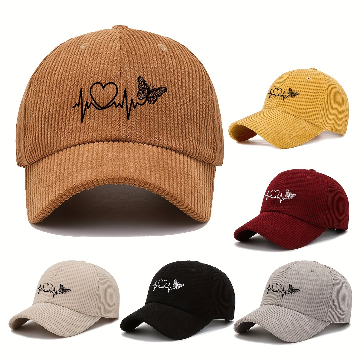 

Casquette de Baseball en Velours Ajustable pour Femme avec Imprimé de Cœur & Papillon - Chapeau Dad Chaud et Léger pour Automne/Hiver