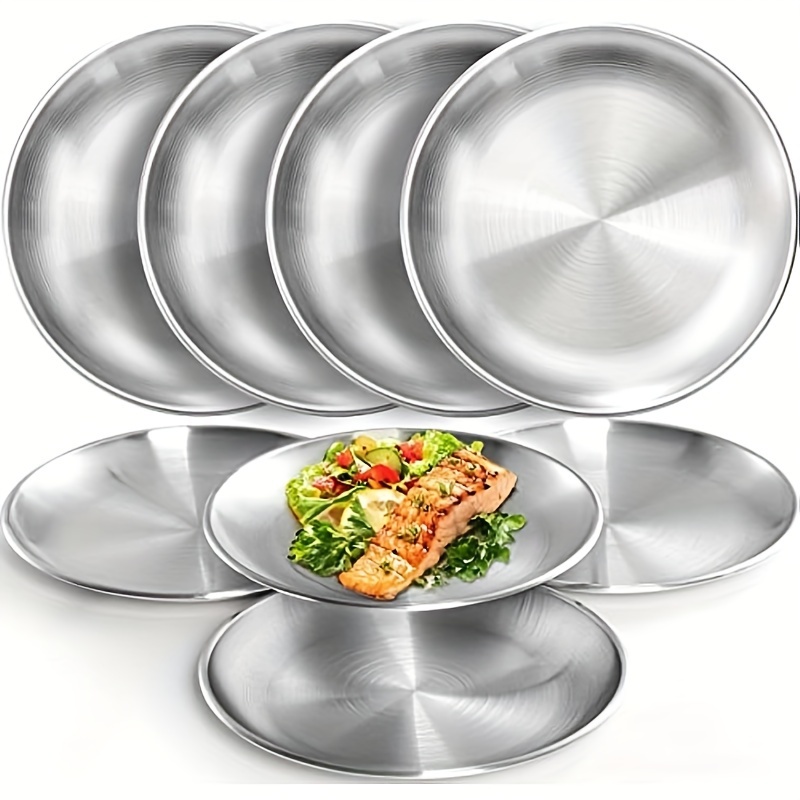 

2/4/8/10pcs Stainless Steel Plates 7.87in Dinner Plates For Picnic Outdoor Camping Service, Reusable And Dishwasher Safe, Kitchen Supplies