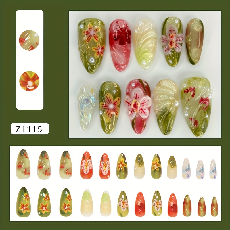 Image of 3d Ripple Floral Ombre Gentle All-match Mid-long Length Almond Nails, Western -on Nails 24pcs