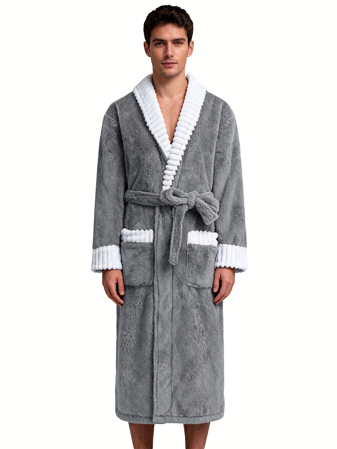 Men'S Thickened Flannel Robe - Long Bathrobe with Large Pockets, Soft Plush Texture, V-Neck & Belted Design for Fall/Winter, Perfect Gift for Him, Cozy Home Wear, Casual Sleepwear, Winter Robe | Vneck Robe | Plush Texture Robe
