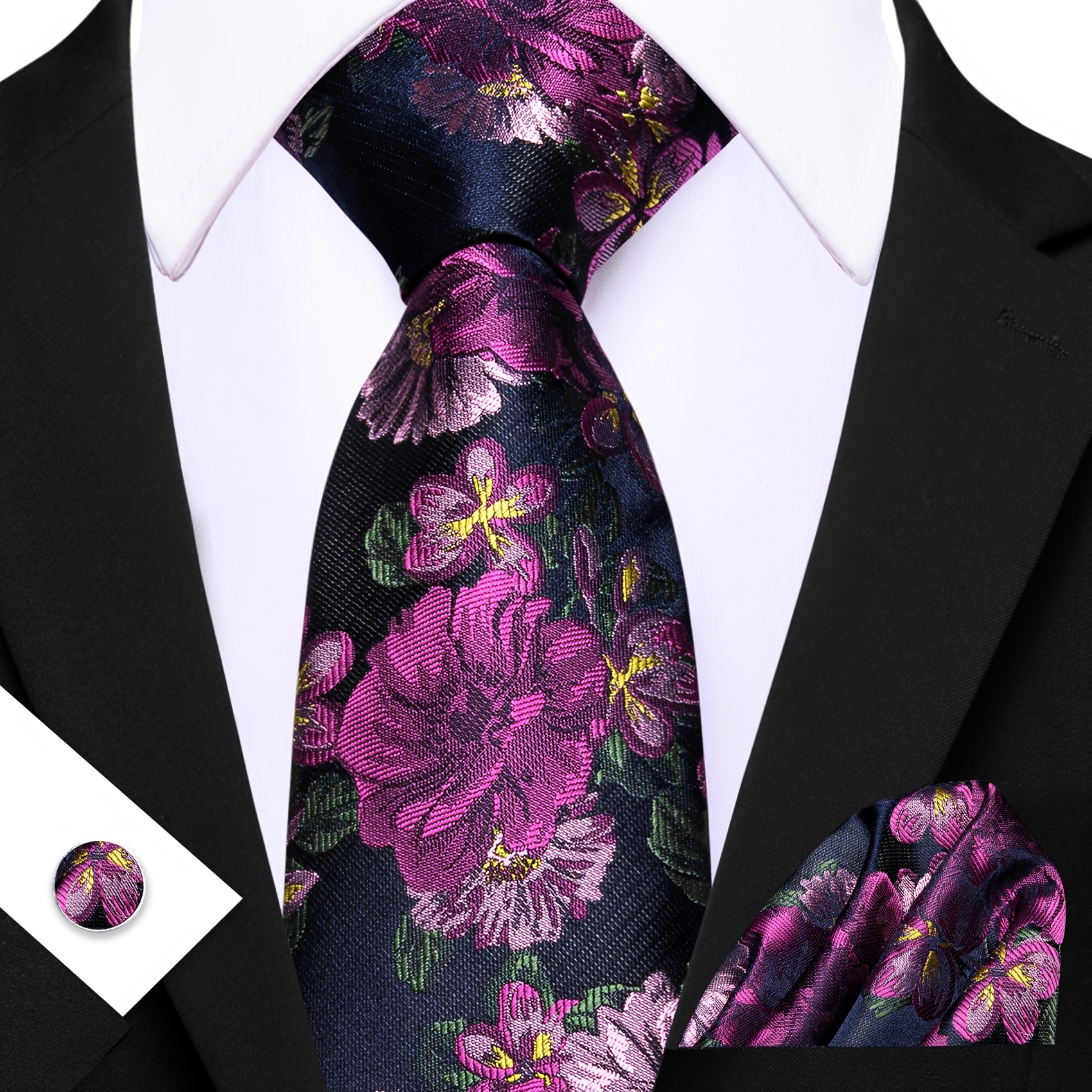 Image of Men's Purple Jacquard Necktie With Matching Pocket Square & Cufflinks - Solid Color Business Dress Accessory, Elegant Formal Party Wedding Suit Tie For Professional Attire -