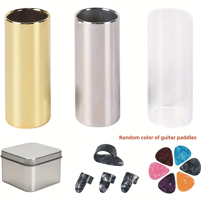 Image of Complete Guitar Slider Set - Includes Glass, Metal And Brass Sliders, 6 Colorful Paddles, And 4 Finger Picks For Playing Experience, Guitar Accessories