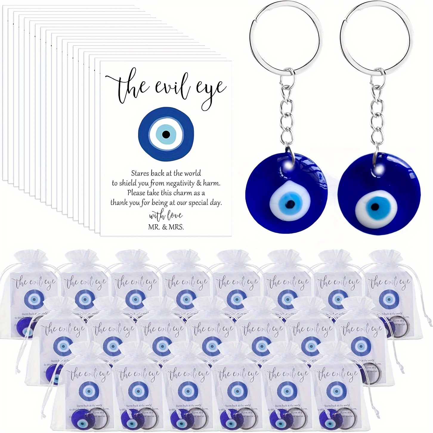 

Set Of 30 Turkish Blue Evil Eye Keychains - Amulets With Organza Bags And Wish Cards For Weddings, Bridal Showers, And Celebrations