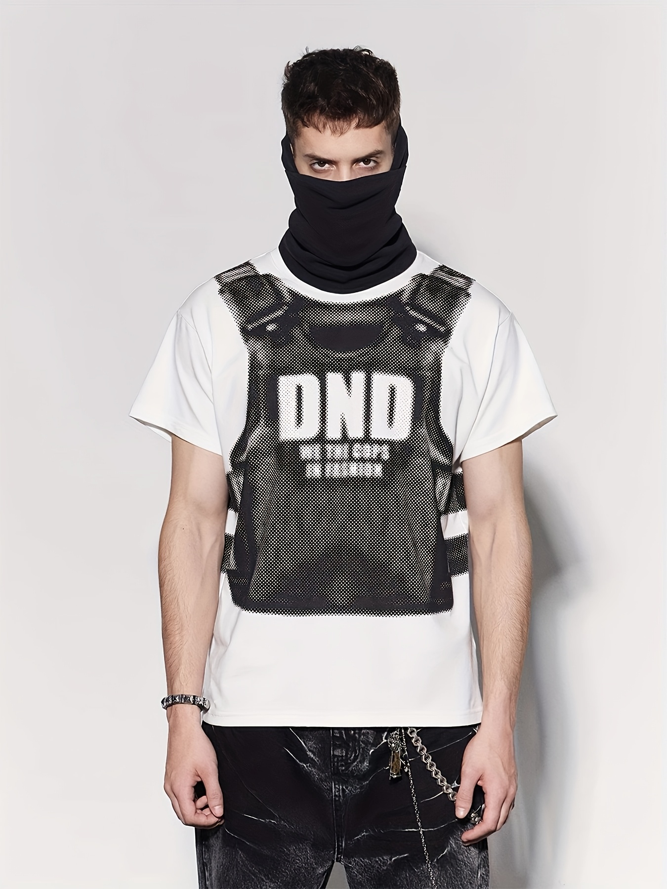 mens black white graphic print t shirt streetwear style short sleeve polyester blend casual loose fit dnd design with vest like pattern white 0