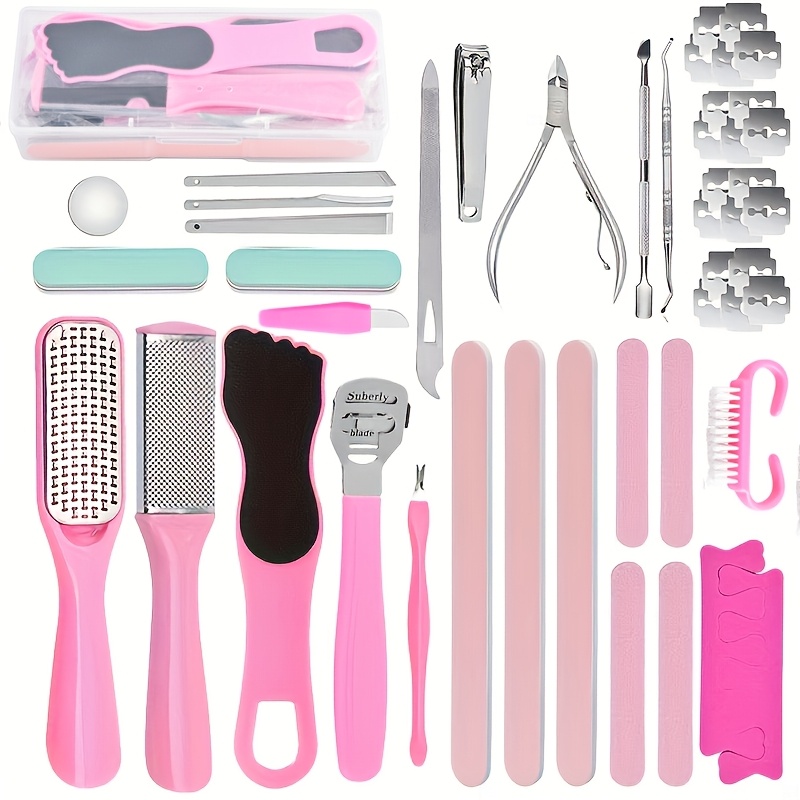 

47pcs Pink Pedicure Tool Set With Storage Case, Professional Nail Care Kit With 20 Replaceable Blades, Cuticle Pusher, Callus File, Dead Skin Remover, Stainless Steel Tools, Unscented Plastic Material