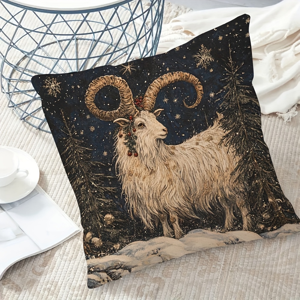 

1pc, Vintage Christmas Goat Pattern Throw Pillow Cover 18x18 Inches - Comfortable Soft Fabric Design Living Room And Bedroom Decorative Pillows Holiday Gift Throw Pillow