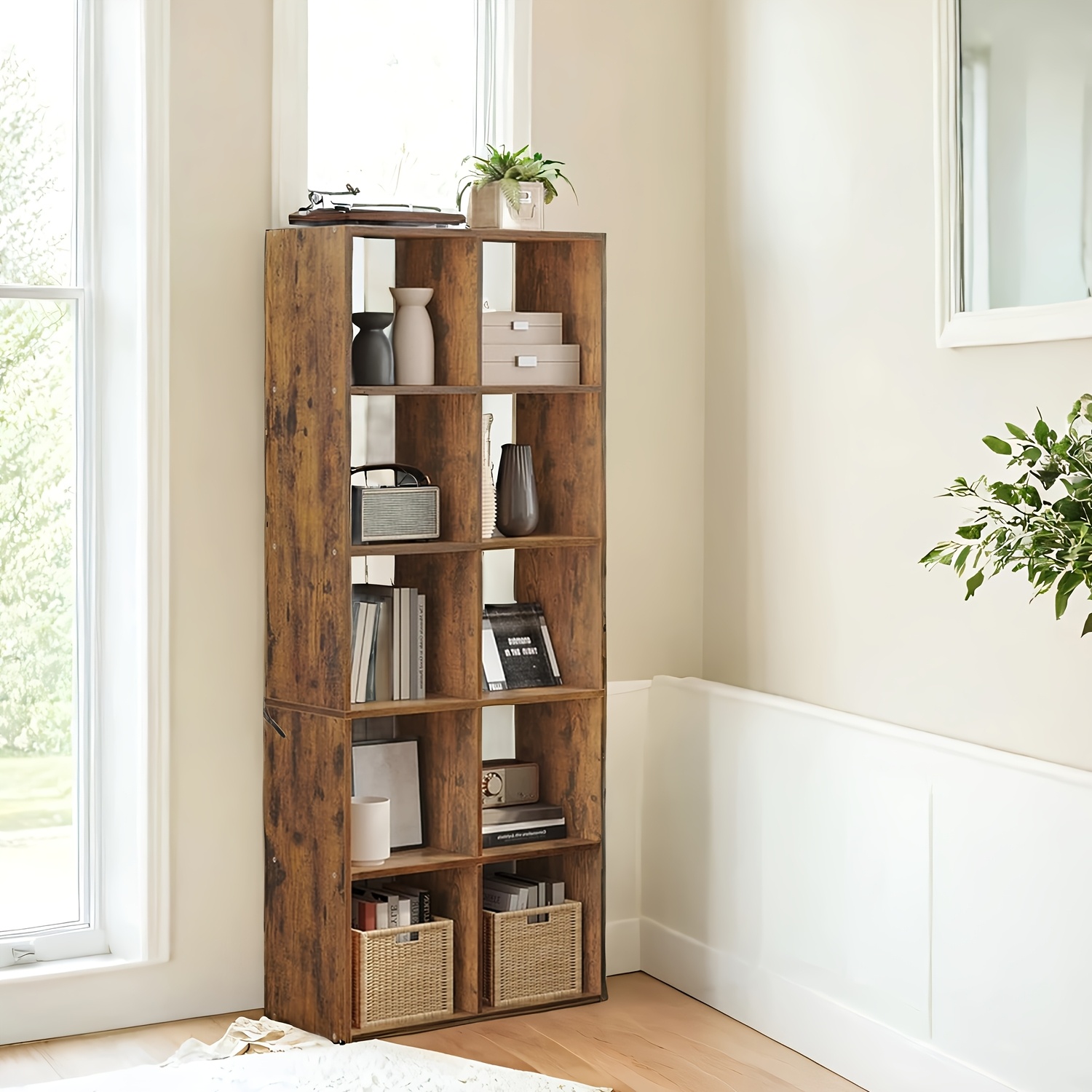 Bookshelf With 10 Compartments, Standing Shelf, Storage Shelf, For Living Room, Bedroom, Brown
