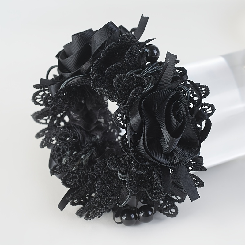 TEMU 1pc Of Stylish Rose And Lace Hair Scrunchie | Large, Elastic Hair Tie Featuring A Floral Pattern, In Red And Black Vintage Styles, Ideal For