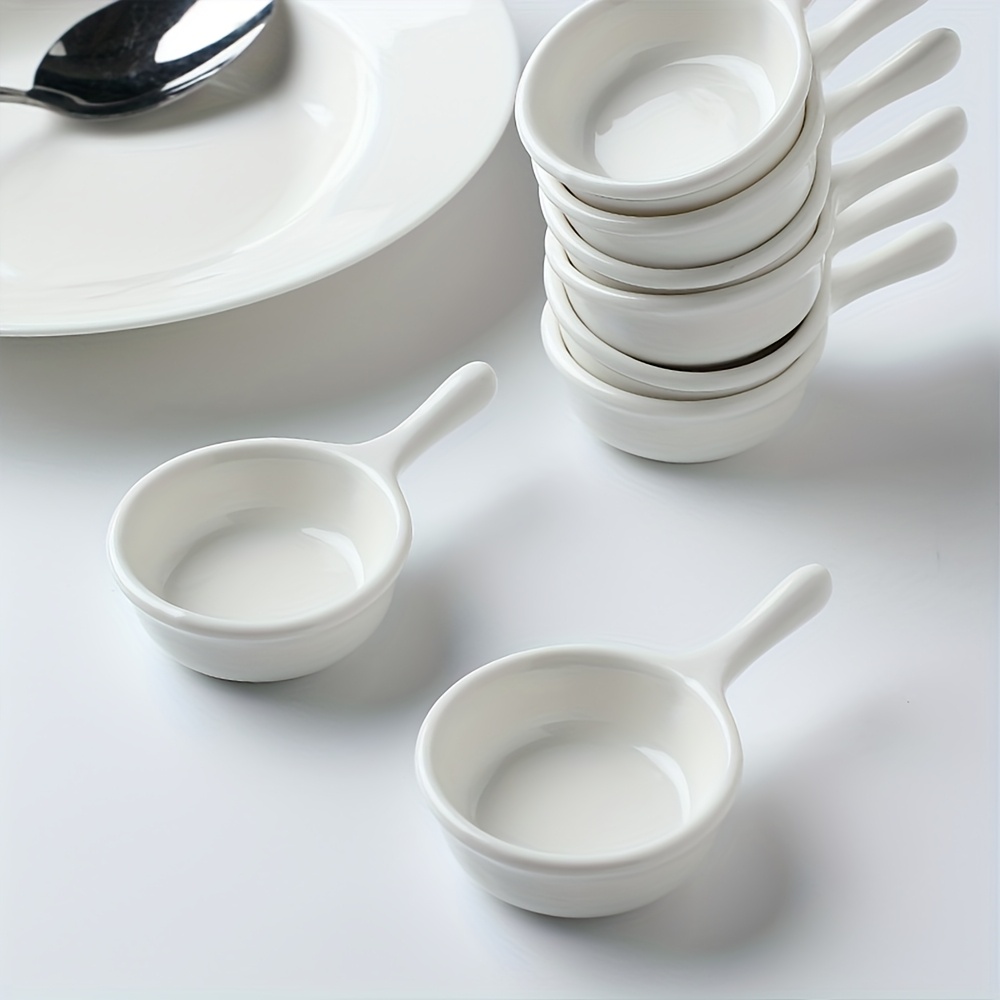 set of 4 white ceramic dishes with handles, creatively designed for   uses,   serving jam and spices at home, and reusable. 0