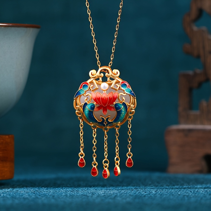Image of 1pc Gold-plated Enamel For Lotus Pendant Necklace, Vintage Tassel Design, Red And Blue Floral Patterns, Elegant Ethnic Style
