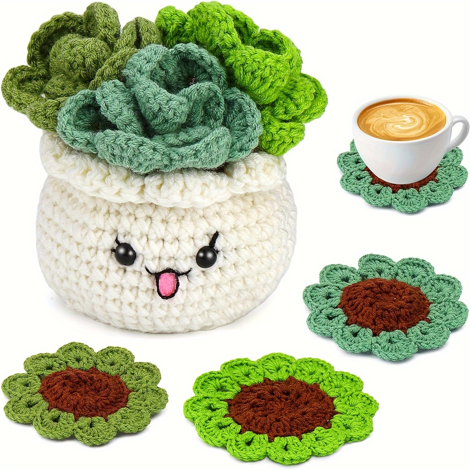 

Beginner Crochet Kit - Includes 4 Coaster And Plant Pot Patterns, Yarn, Hooks, And Easy Tutorials. Perfect For Diy Home Decor For Your Office Or Coffee Table