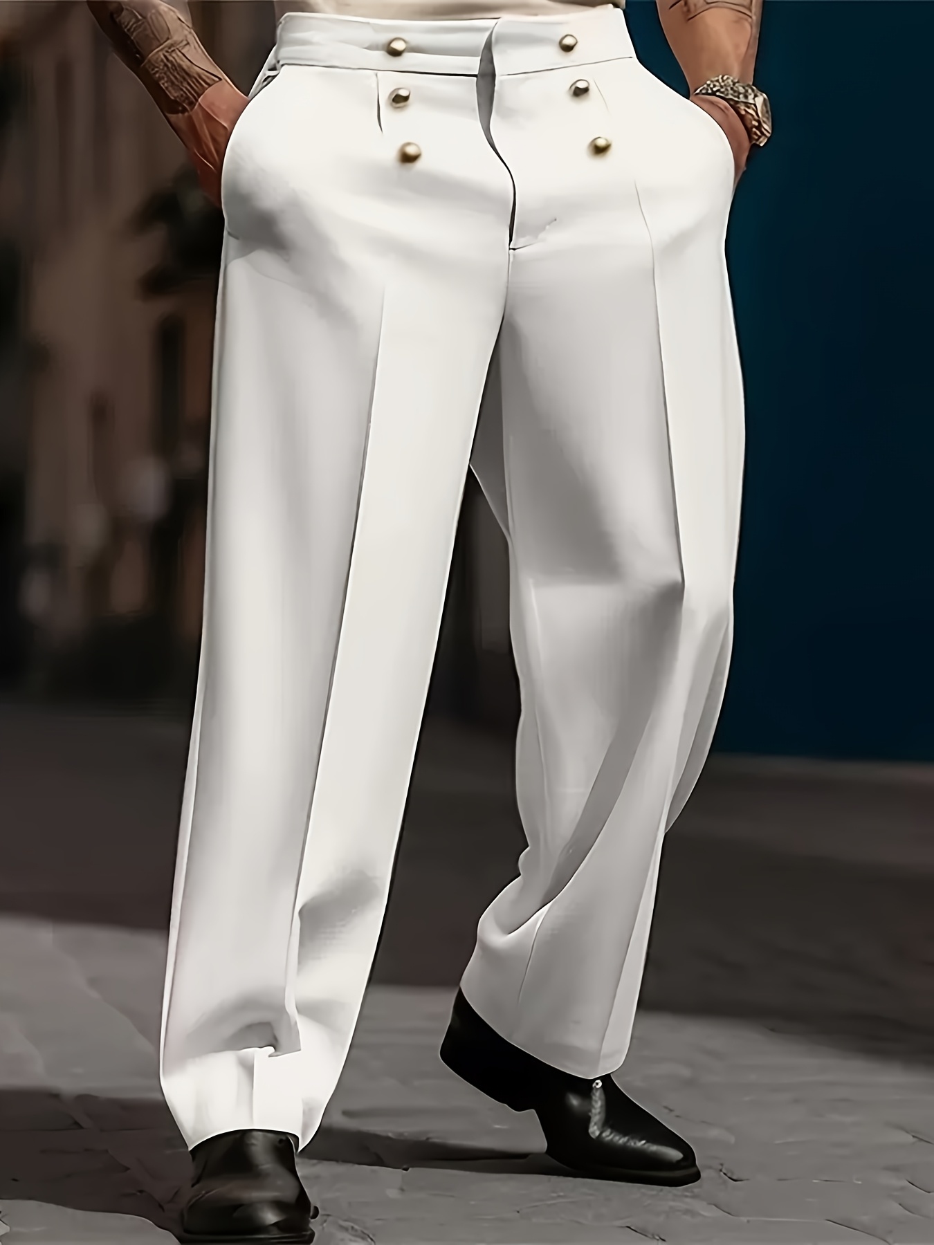 Men's Vintage Formal Trousers - Wide-Leg Pants with Metallic Buttons, Elegant Gentleman's Pants for Wedding, Gala, Business - Machine Washable Non-Stretch Fabric - All-Season Formal Attire, Gala Outfit, Classic Design, Polished Finish, Dressy Bottoms, Professional Men