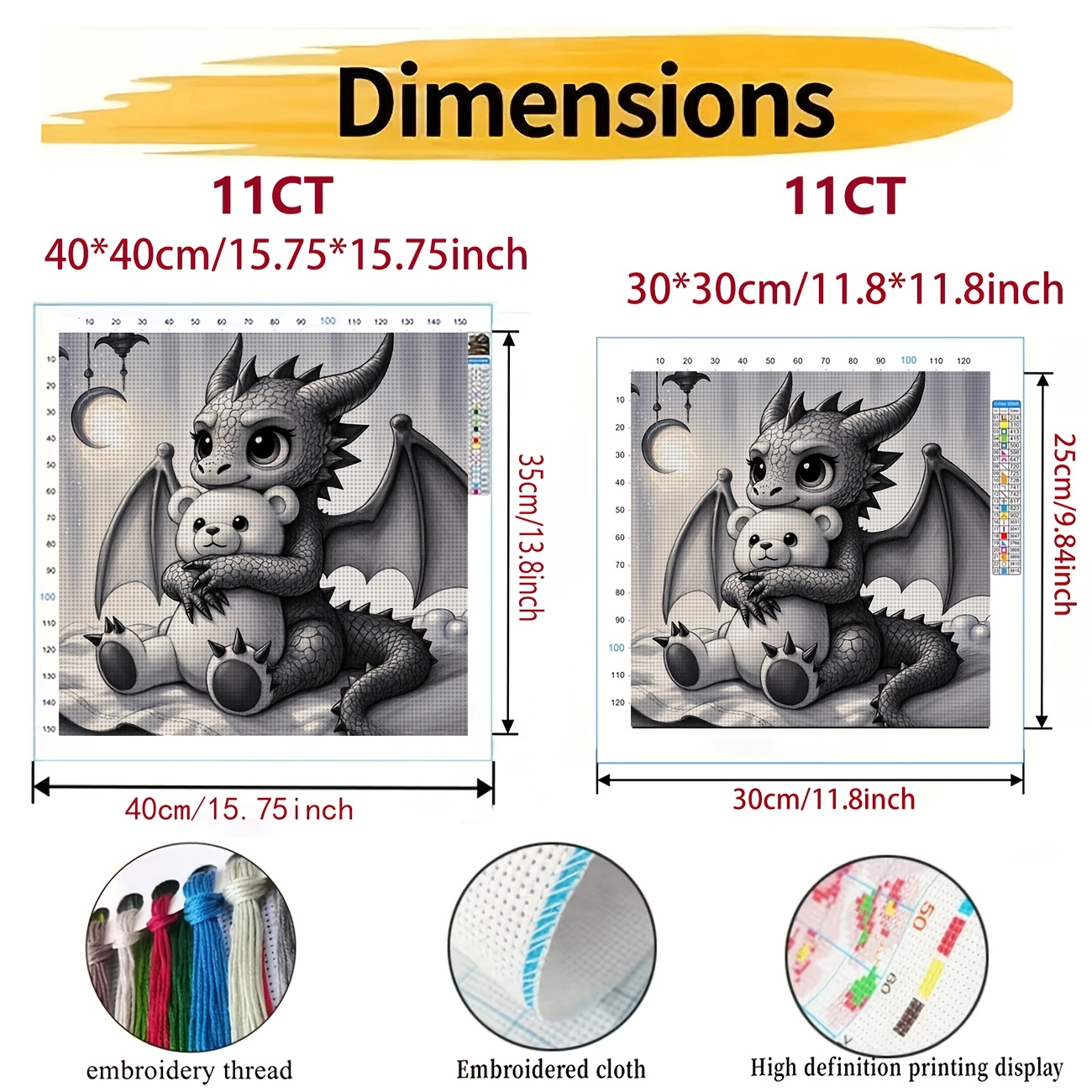 Cross Stitch Printed Kit, Frameless, Dragon Hugging Teddy Bear Pattern