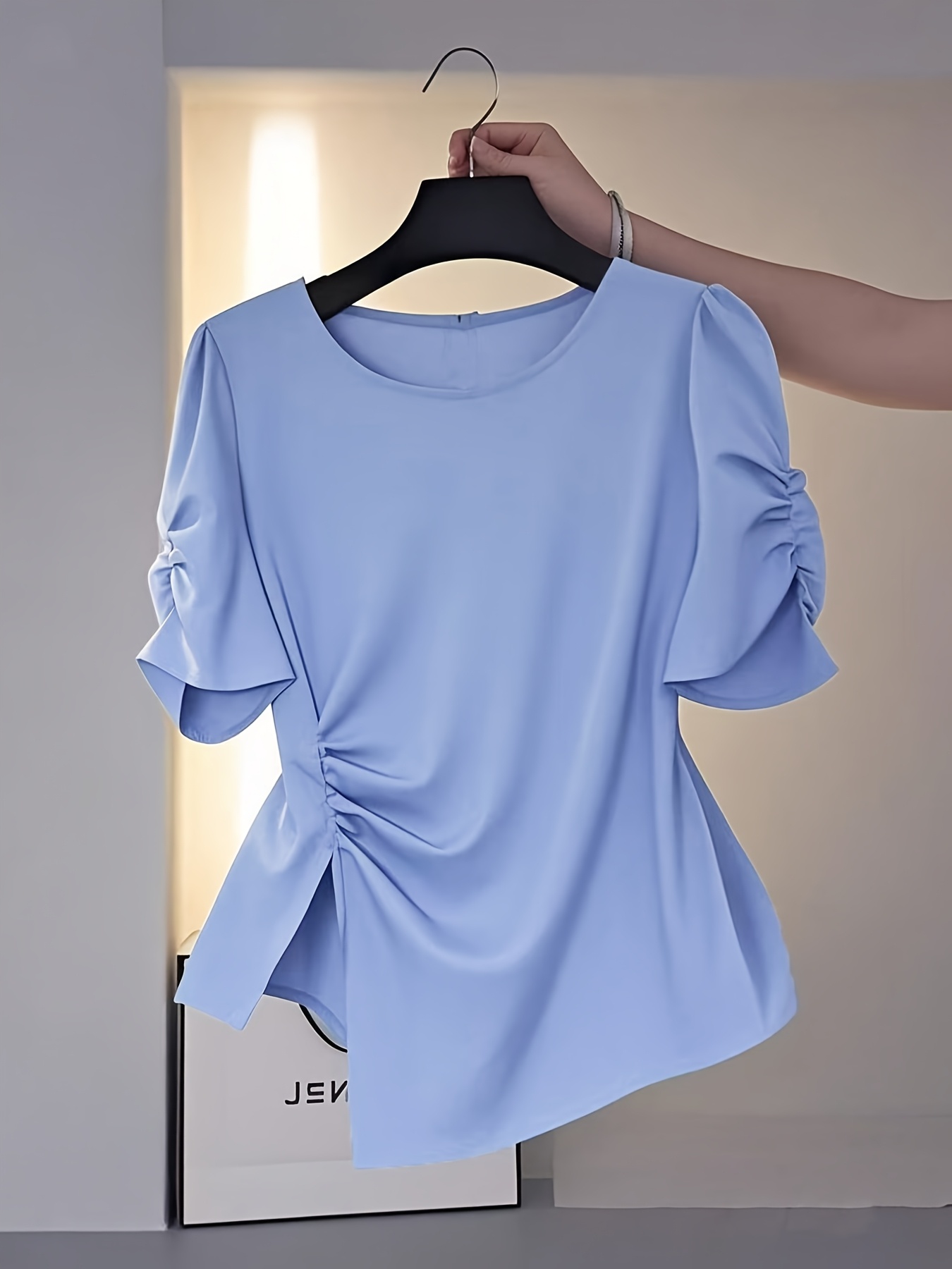 elegant new hot selling womens solid color waist cinching ruched irregular short sleeve blouse shirt ll425