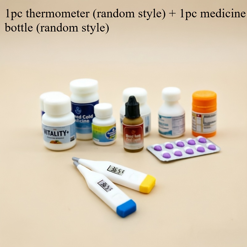 TEMU Set médico de 2 piezas para casa de muñecas, modelos en miniatura de termómetro y botella de medicina, adecuado para accesorios de decoración de