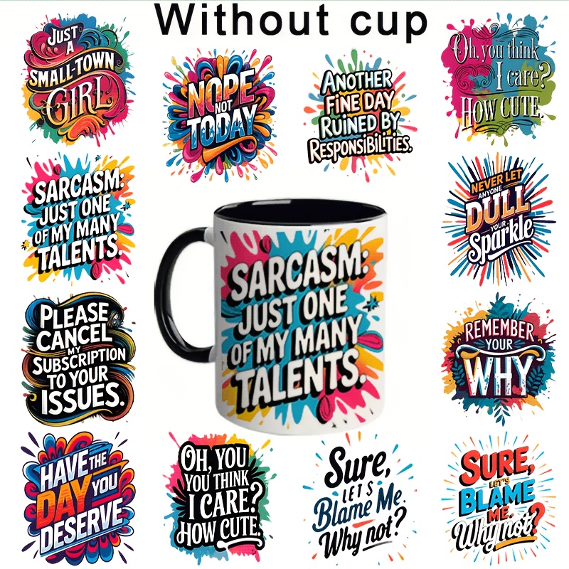 TEMU 12 Sheets Of Uv Dtf Transfer Paper With Sarcastic Quotes - Waterproof, Scratch-resistant, Self-adhesive Paper, Suitable For Ceramic, Glass, And