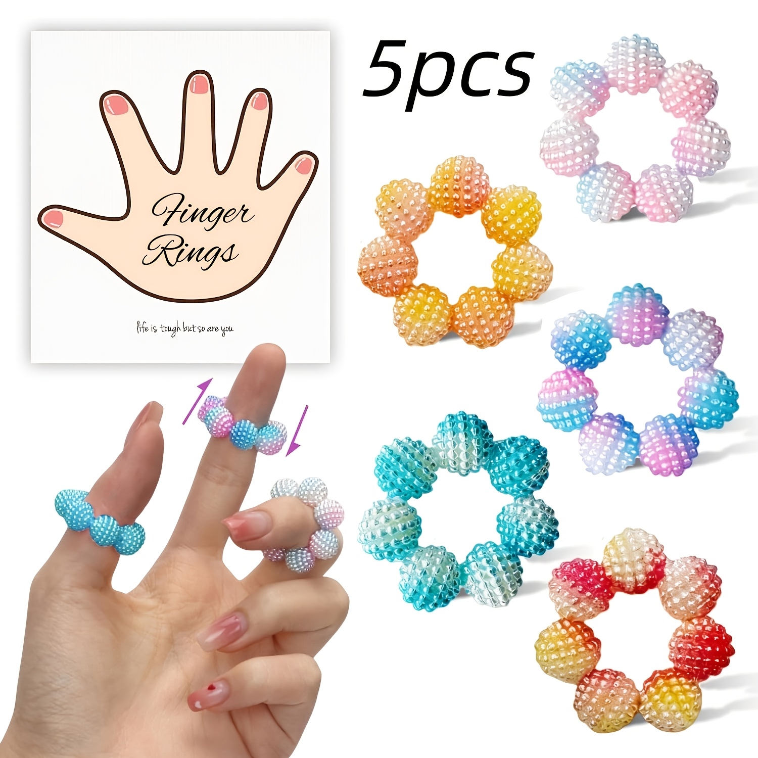 5pcs rotatable finger rings multi adjustable relax anxiety calming with finger rings gradient color suitable for adults different textured spike bead relief rings       travel and other  