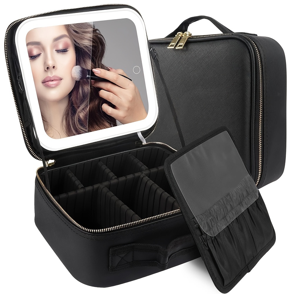 

Portable Makeup Travel Train Case With Led Mirror, 3 Adjustable Brightness, Cosmetic Storage Organizer With Adjustable Dividers, Waterproof Brush And Jewelry Holder, Black - Ideal Gift For Women