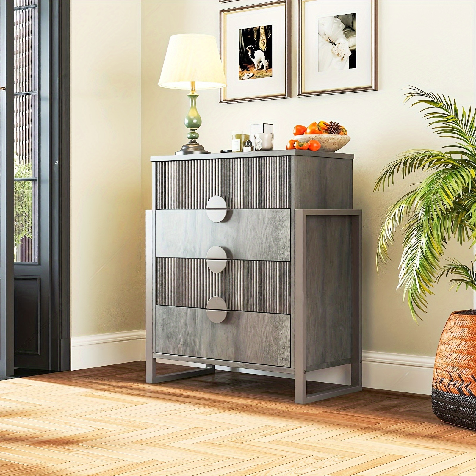 Mozeat Lens Modern Fluted 4 Drawer Dresser, Dressers For Bedroom, Textured Wood Sticks Borders H Metal Legs For Bedroom, Living Room, Hallway