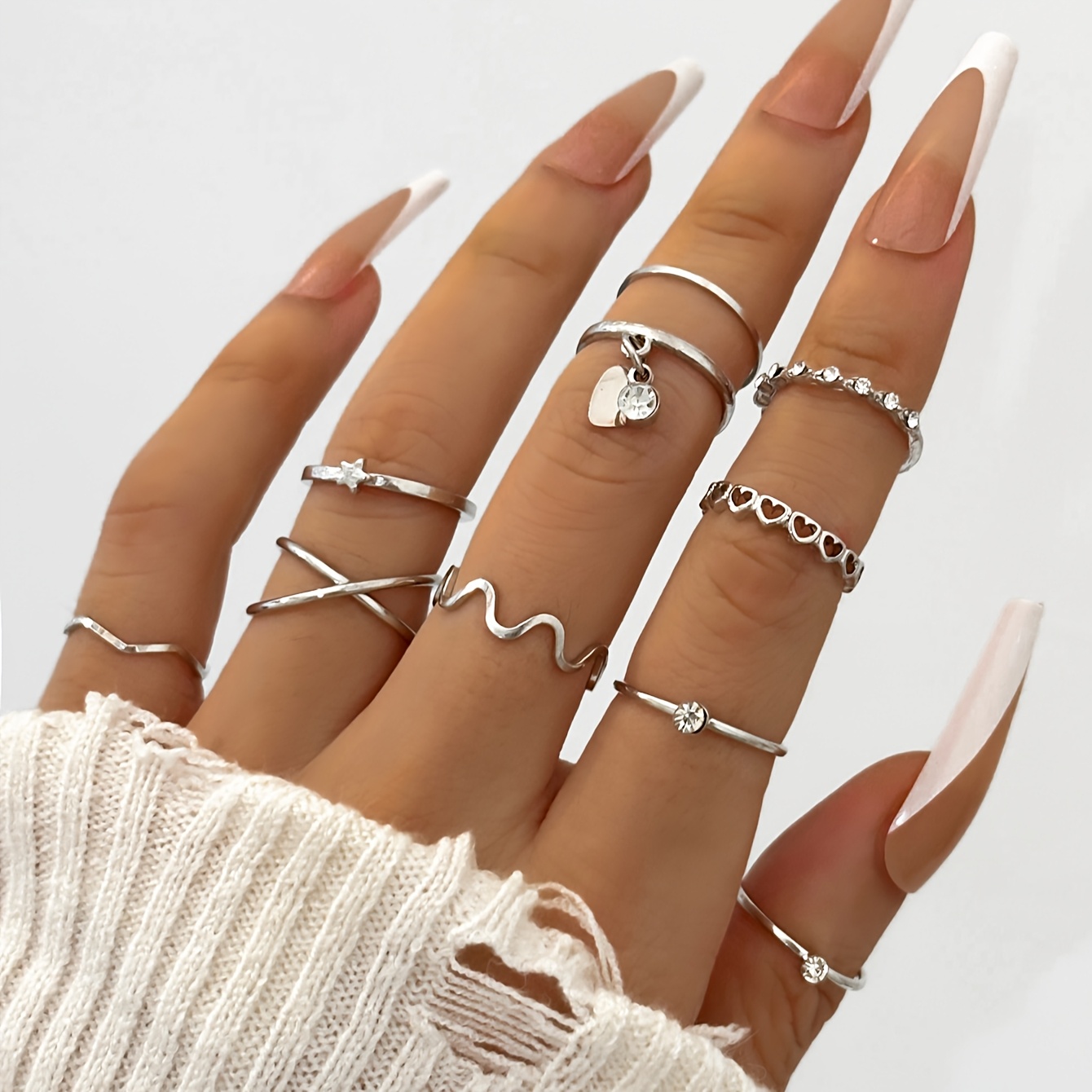TEMU 10 piezas Anillo de hierro de aleación, juego apilable de anillos lisos, anillo delgado fácil, anillo colgante de diamantes de con forma de , ,