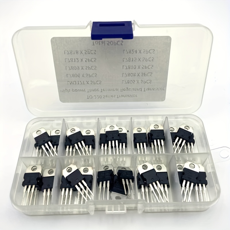50pcs To-220 Series High Transistors, 3-terminal Regulated, 10 Sizes (lm317t, L7805, L7806, L7808, L7809, L7810, L7812, L7815, L7824), Industrial In Clear Plastic Storage Case