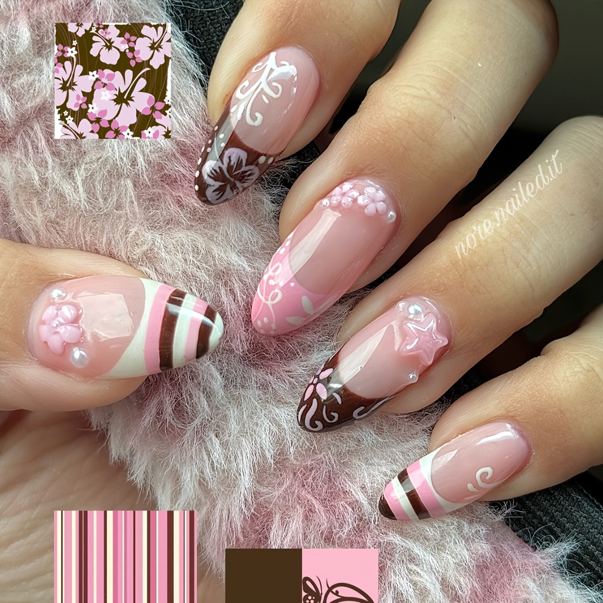 TEMU A Set Of 24 Artificial Nails Featuring A Medium To Long Almond Shape, With Brown Stripes And Cute Pink Flower Designs