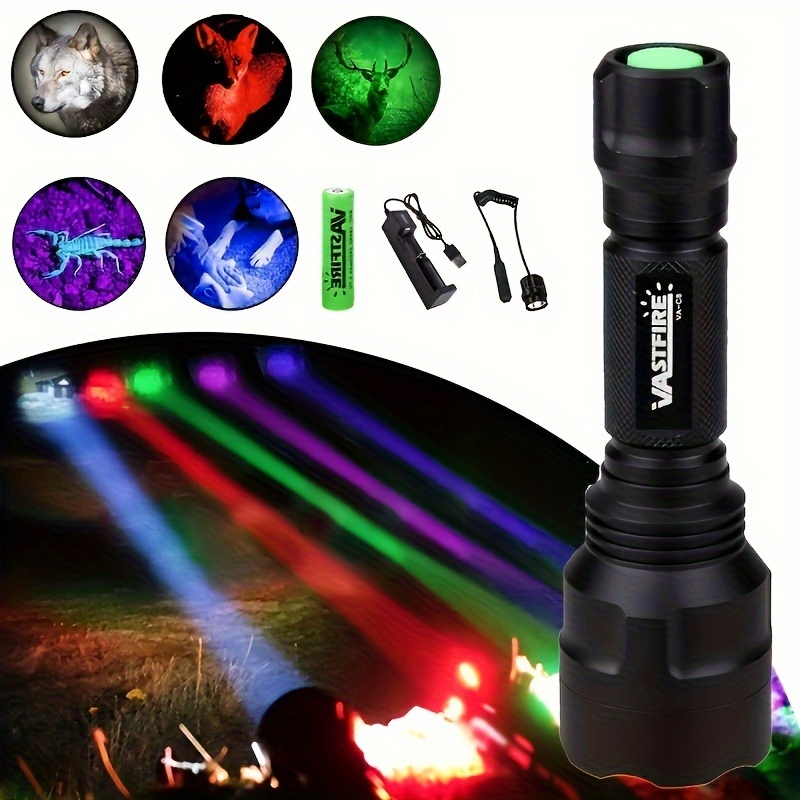 

4 Colors Powerful 350 Yards Flashlight With Red, Green, White, Blue And Purple Blacklight, Rechargeable Battery And Remote Control Switch - Ideal For Night Hunting, Fishing, And Camping