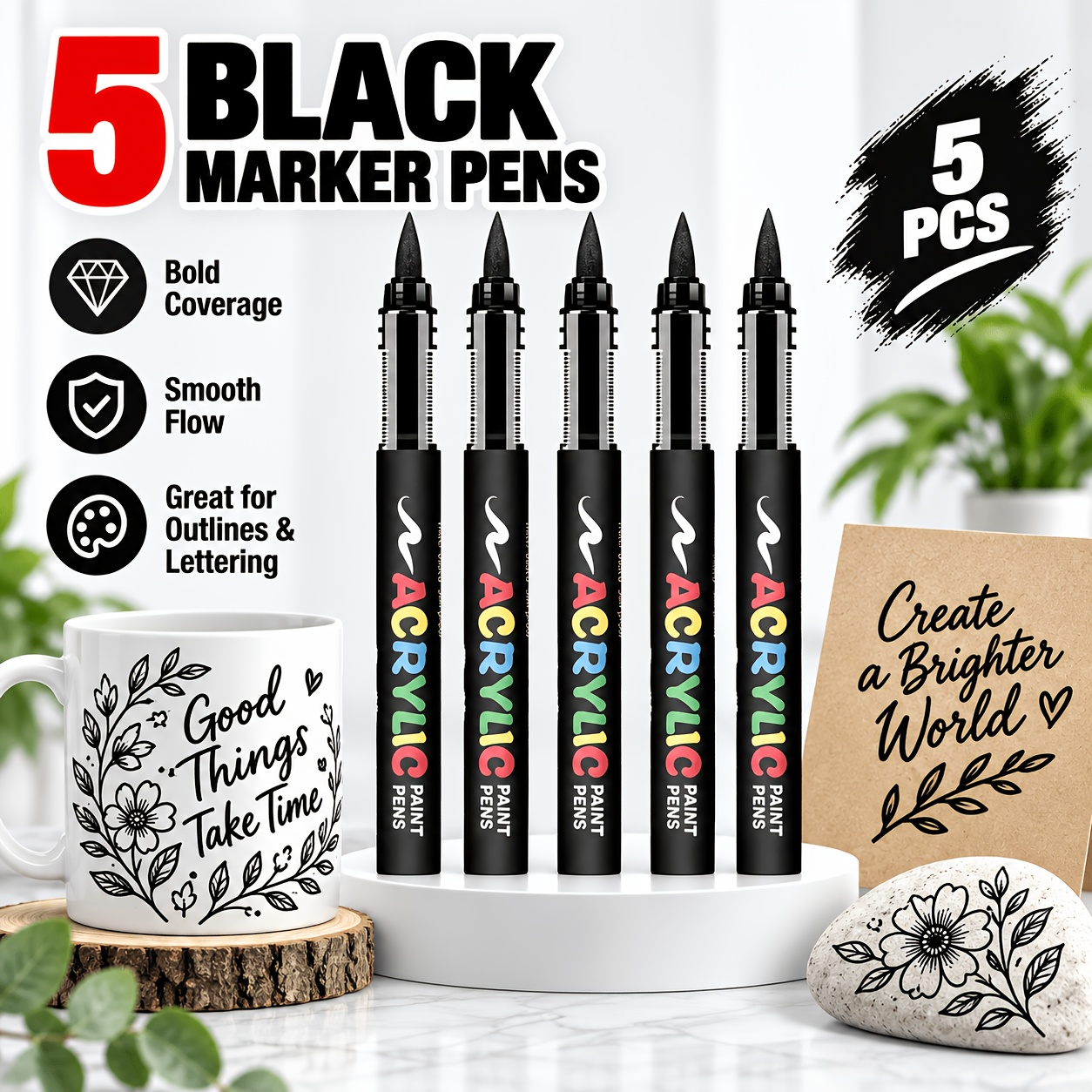 TEMU Flysea 5pcs Black & White Acrylic Paint Pens – Soft Flexible Tip For Smooth Ink Flow, High- Permanent Markers For Rock, Glass, Ceramic, Metal &