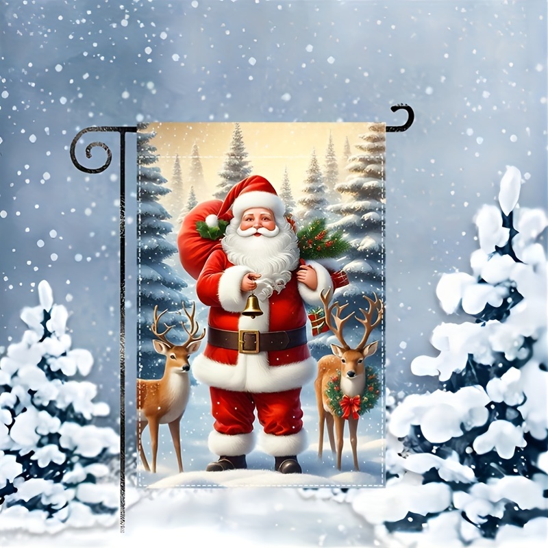 

Santa And Reindeer Garden Flag - Double-sided Christmas & Holiday Yard Decoration, Durable Polyester Multipurpose Banner, Weather-resistant, Machine Washable, Without Stand - 12" X 18" - Jit 1pc