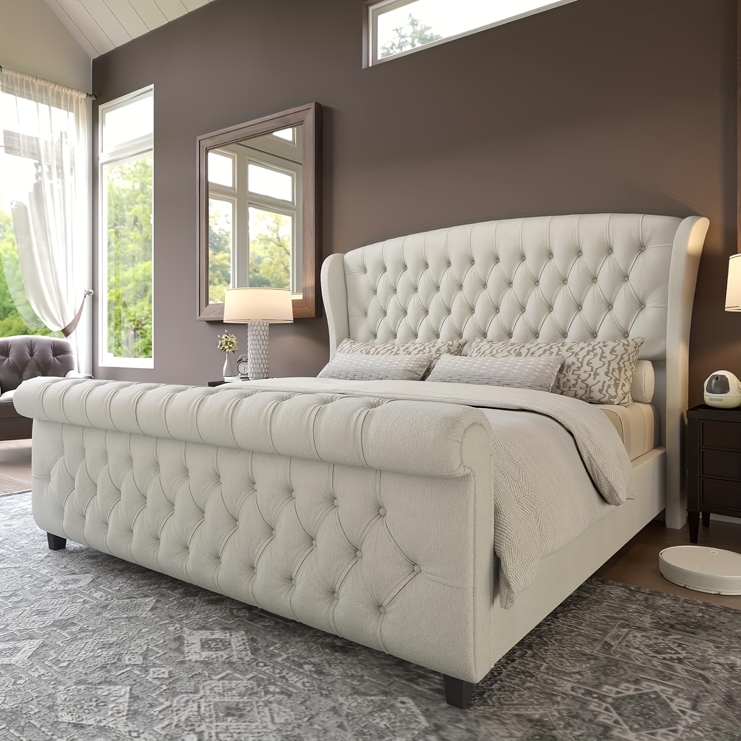 TEMU Chenille Upholstered Platform Bed Frame With Scroll Wingback Headboard & Footboard, Button Tufted Design, Spring Required