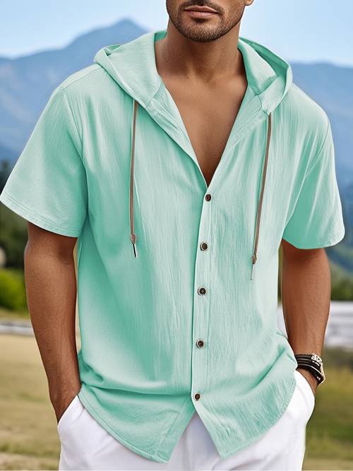1pc mens stylish casual hooded short sleeve shirt high end linen blend 95 linen 5 polyester essential golf attire breathable warm ideal for indoor outdoor sports must have casual holiday trend suitable for spring summer fall winter