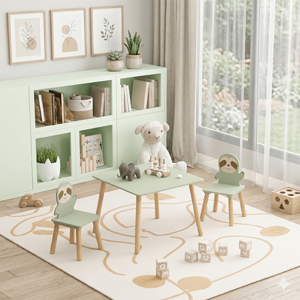Kids Table and Chair Set with 2 Sloth Chairs - Toddler Activity Table & Sage Green Chairs Suitable for Playroom,, Classroom, Assembly, Cute Animal Design for Room Furniture, Study Table for